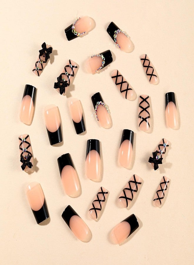 BSBTBZ Black French Tip Press on Nails Medium Long Rhinestone Bow Diamond French Nails Square Bling Glossy 3D Bow False Nail Tips Artificial Nails Finger Manicure for Women and Girls 24pcs - Image 4